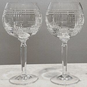 Ralph Lauren Glen Plaid Wine Balloon Goblet Crystal Glasses 8.75" Set of 2